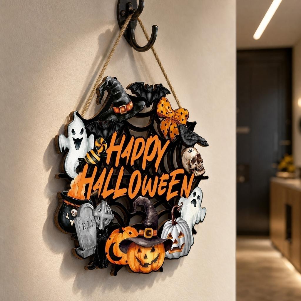 Halloween Wooden Hanging Sign Wall Decor Party Decoration with Spider Web Pumpkin Ghost Skull and Witch Hat Design for Holiday Celebration