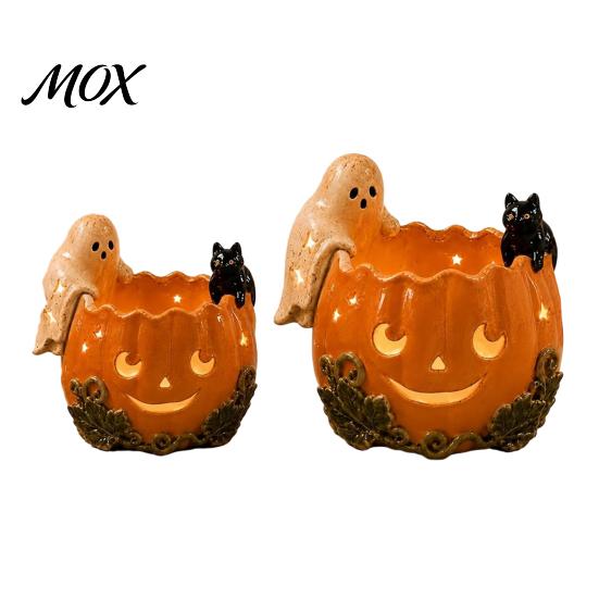 Halloweenový svícen Držák na dýni, Pryskyřičný Duch Černá Kočka Čajová svíčka Podzimní Sklizeň Stolní Dekorace Stojan, Retro Opotřebovaný Dekorativní Ornament