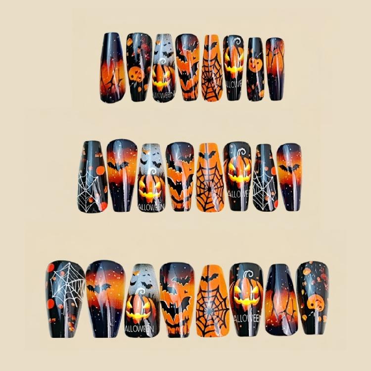 ABS Plastic Press On Nail Medium Square Halloween Design Pink Pumpkin Spiderweb Patterns For Parties And Daily Use