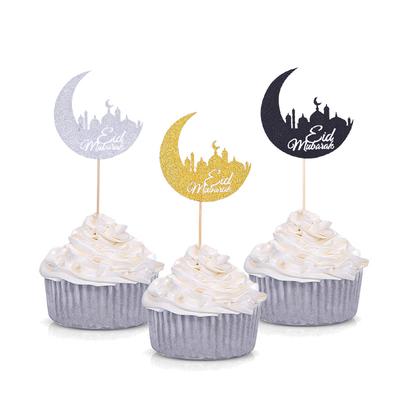 Golden Acrylic Eid Mubarak Cake Toppers Castle Moon CupCake Topper for Ramadan Mubarak Islamic Festival Party Cake Decorations