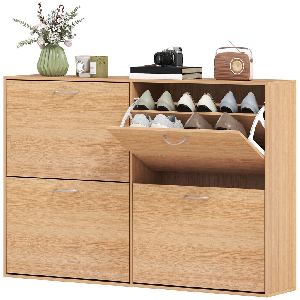 Slim Shoe Cabinet for 24 Pairs, 4 Drop-Down Doors, Adjustable Shelves, 120x24x81cm, Wood