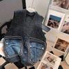 DIMANAF 2024 Autumn Coat Women Sleeveless Jacket Vest Sweaters Denim V-Neck Patchwork Knitting Basic Blue Loose Sweater