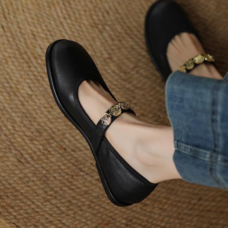 New Women's Casual Single Shoes Low-top Cowhide Single Shoes Shallow Mouth Beef Tendon Soft Sole Large Size Shoes Four Seasons Wear Sheepskin Wome