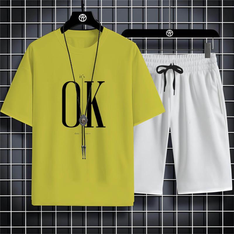Summer Fashion Casual Sports Style Alphabet Ok Printed Men'S Round Neck Short Sleeve T-Shirt Drawstring Shorts Beach Suit