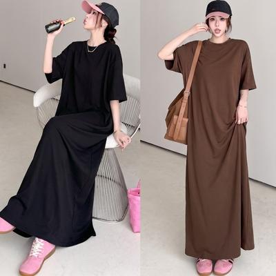 DIMANAF 2026 Summer New Plus Size Women O-Neck Short Sleeve Solid Maxi Long Dress Casual Lady Basic Clothing