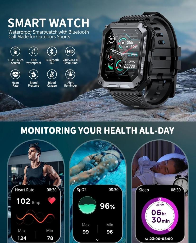 C20 PRO Smartwatch Mannen Bluetooth Bellen Buitensporten 1,83 inch Groot Scherm Spraakassistent Fitness C20Pro Smartwatch