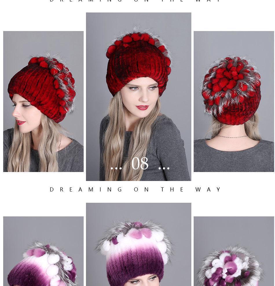 Damska europejska i amerykańska zimowa czapka z grubej wełny z futrem z królika ottera i kwiatem z boku