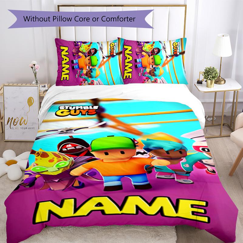 3pcs Custom Name Stumble Guys Bedding Set Duvet Cover Closure Includes 1 Duvet Cover & 2 Pillowcases for All Seasons Bedroom Decor