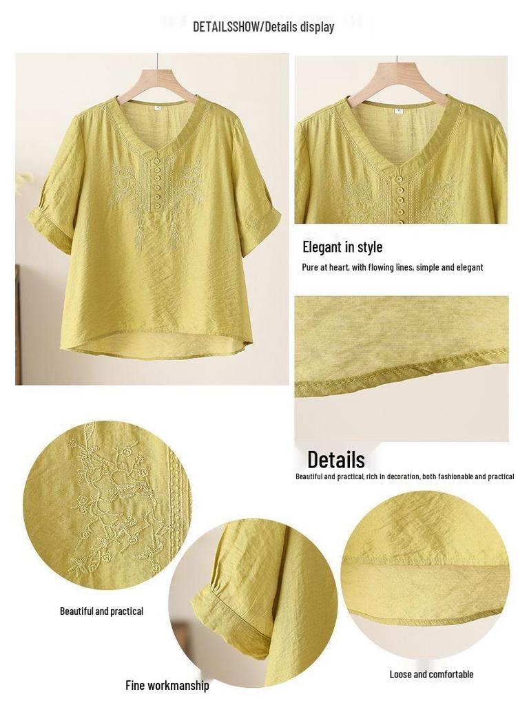 Women's Tencel Linen Embroidered Short-Sleeve Top & Pants Set for Summer - Middle-Aged Mother's Style.