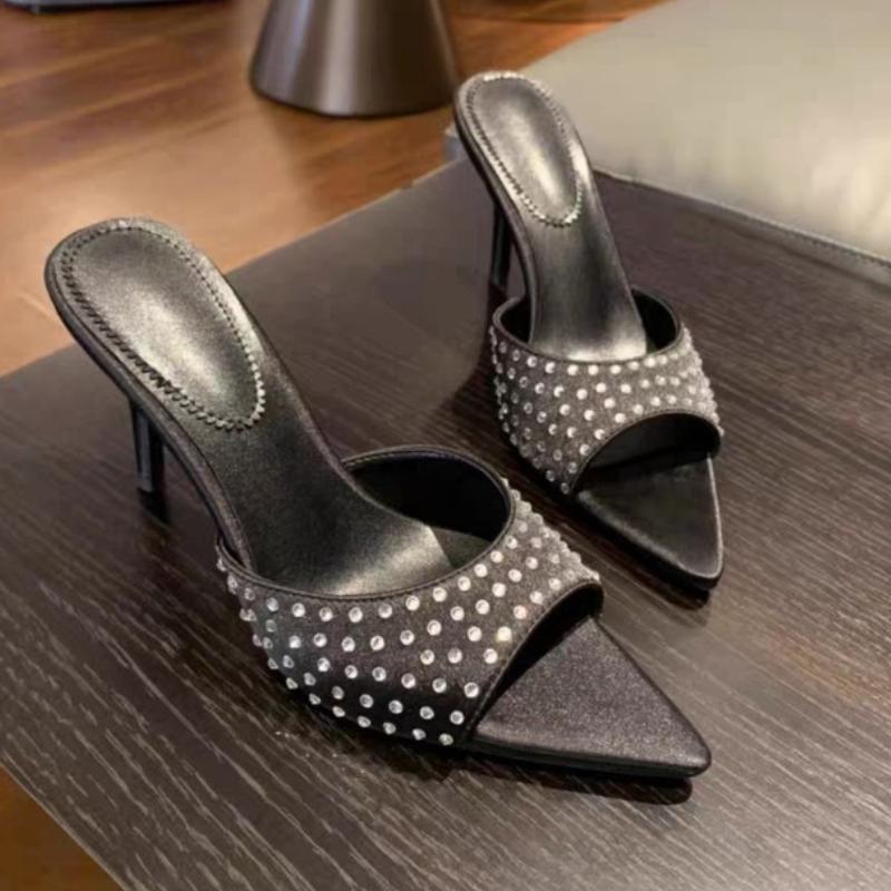 

Fashion Crystal High Heels Slippers Pointed Toe Heeled Sandals Women Shoes 2025 Summer New Fad Stilettos Pumps Dress Zapatillas De Mujer 35 чёрный