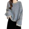 Lazy Wind Long-sleeved Loose and Thin Top Women's Diamond-encrusted Round Neck Pullover Solid Color Simple Knitted Sweater