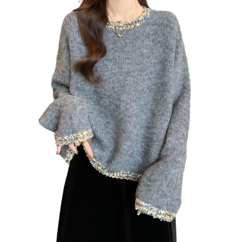 Lazy Wind Long-sleeved Loose and Thin Top Women's Diamond-encrusted Round Neck Pullover Solid Color Simple Knitted Sweater