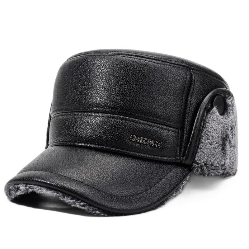 

Mens Leather Flat Top Baseball Cap Warm Ear Hat For Elderly In Autumn Winter Thickened Fleece-Lined Cold Cap