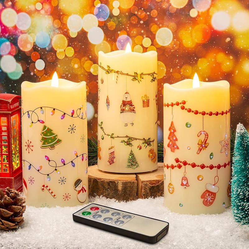 Eywamage Fiber Optic Flameless Candles with Remote, Cardinal Gingerbread Candy Canes Candles Flickering LED Pillar Candles Set of 3