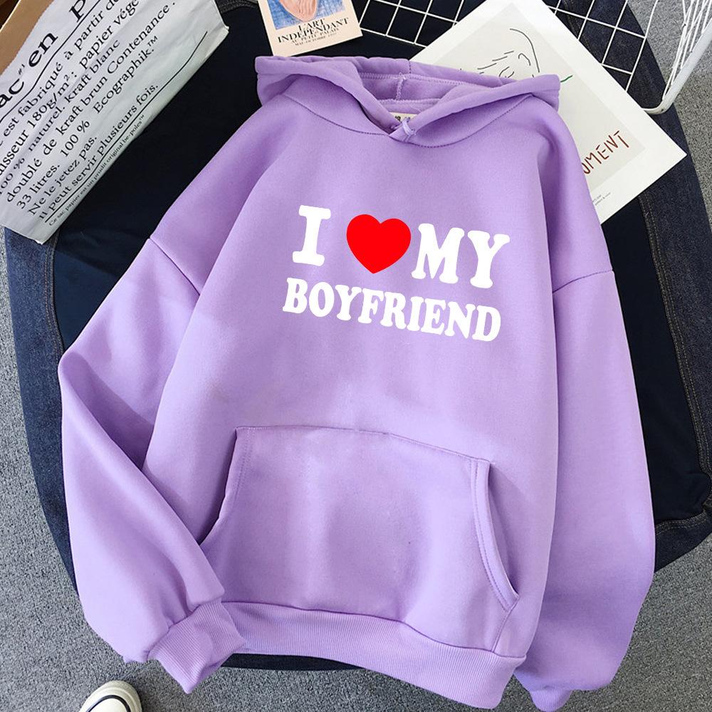 Valentine's Day I Love My Boyfriend Girlfriend Printed Hoodie Sweatshirt Unisex Pullover Long Sleeve Hooded