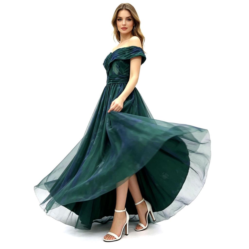 Cosplay haute couture oil painting dark green shoulder evening dress, mesh pleated waist split skirt, light luxury dinner dress