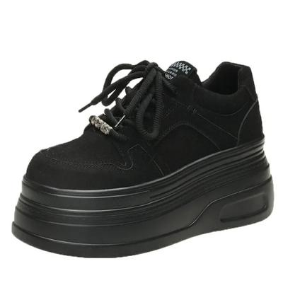 Modne 8CM Damskie Skórzane Sneakersy Jesień Wiosna Brązowe Casualowe Buty do Chodzenia Grube Sneakersy Wysoka Platforma Buty Sportowe Skateboard Damskie
