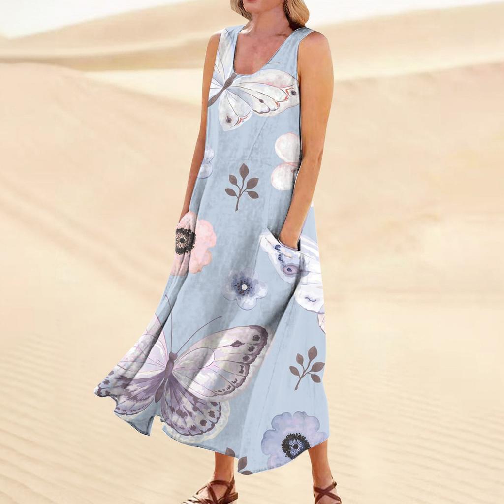 Women's Casual Comfortable Floral Print Sleeveless Cotton Pocket Dress