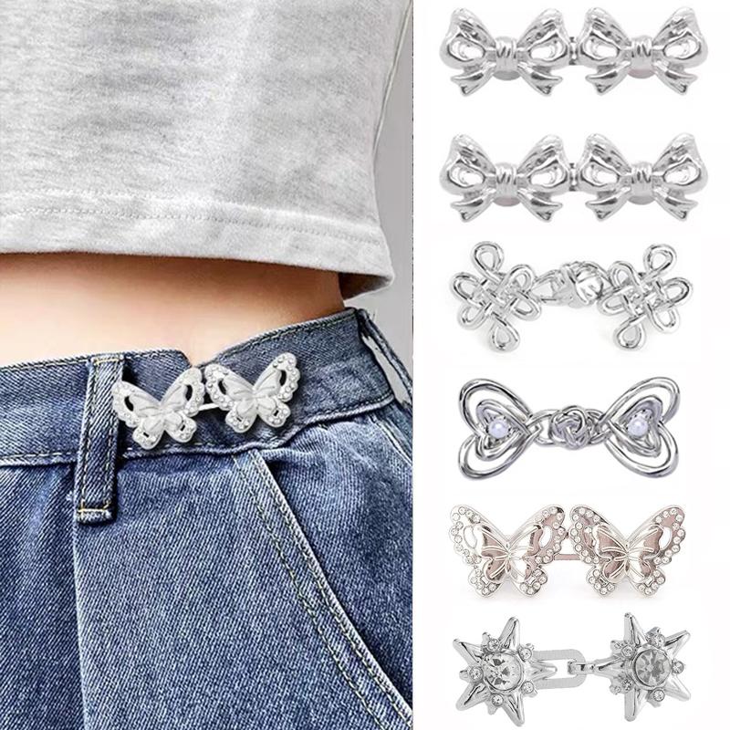 2Piece Jeans Waist Tightener Adjuster Kit, Effortless No Sew Tightening, Silver Adjustable Buttons Fit On Loose Jeans & Pants