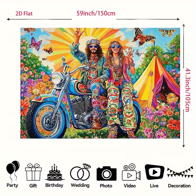 2D Flower Power Hippie Backdrop, 60s 70s Couple on Motorcycle Background for Themed Party