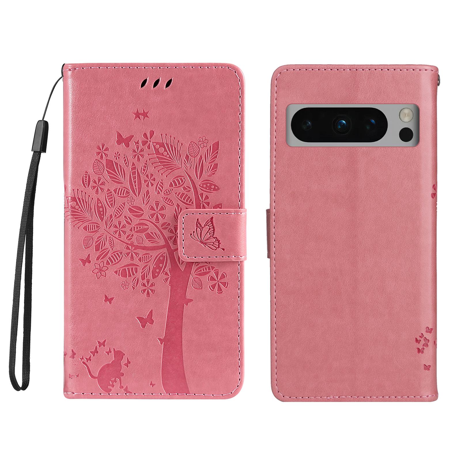 

For Google Pixel 8 Pro Phone Case with Stand Cat Tree Pattern Leather Wallet Mobile Cover Pink