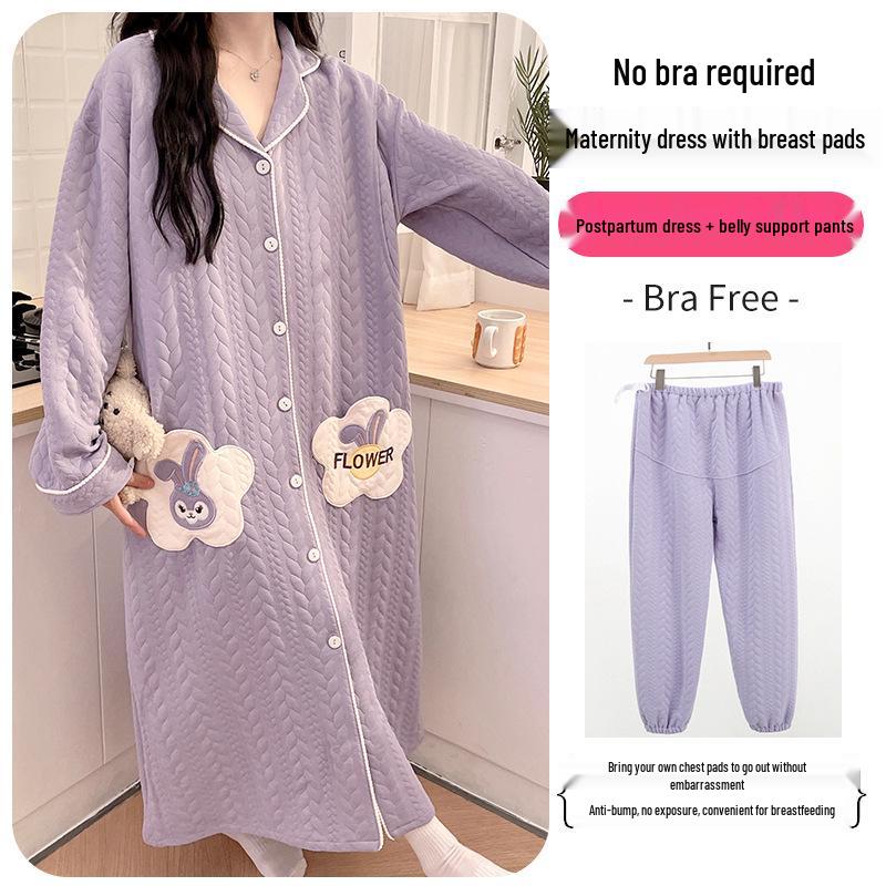 Umstandsröck und Nachthemd-Set: Stillpyjamas aus Luftbaumwolle für Frühling & Herbst nach der Geburt für den Winter, passen bis Größe 200.