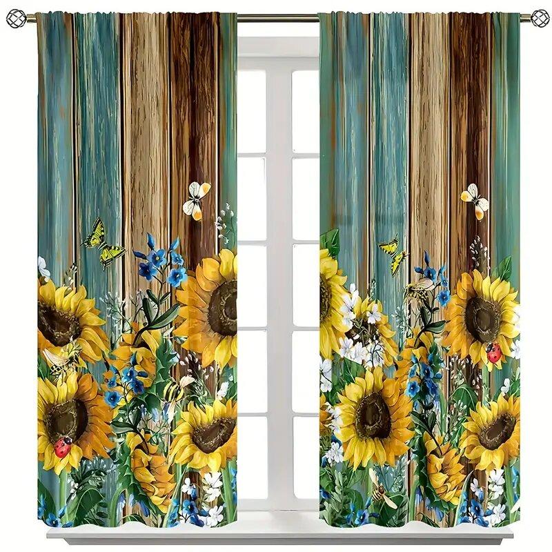 Set Of 2 Sunflower Butterfly Wood Board Pattern Printed Curtains Window Decorations Home Room Curtain Polyester