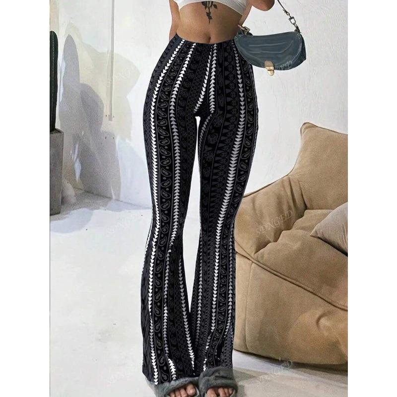 Spring Autumn Elastic Waist Fashion Printing Flare Pants Women Casual All-match Slimy Oga Trousers