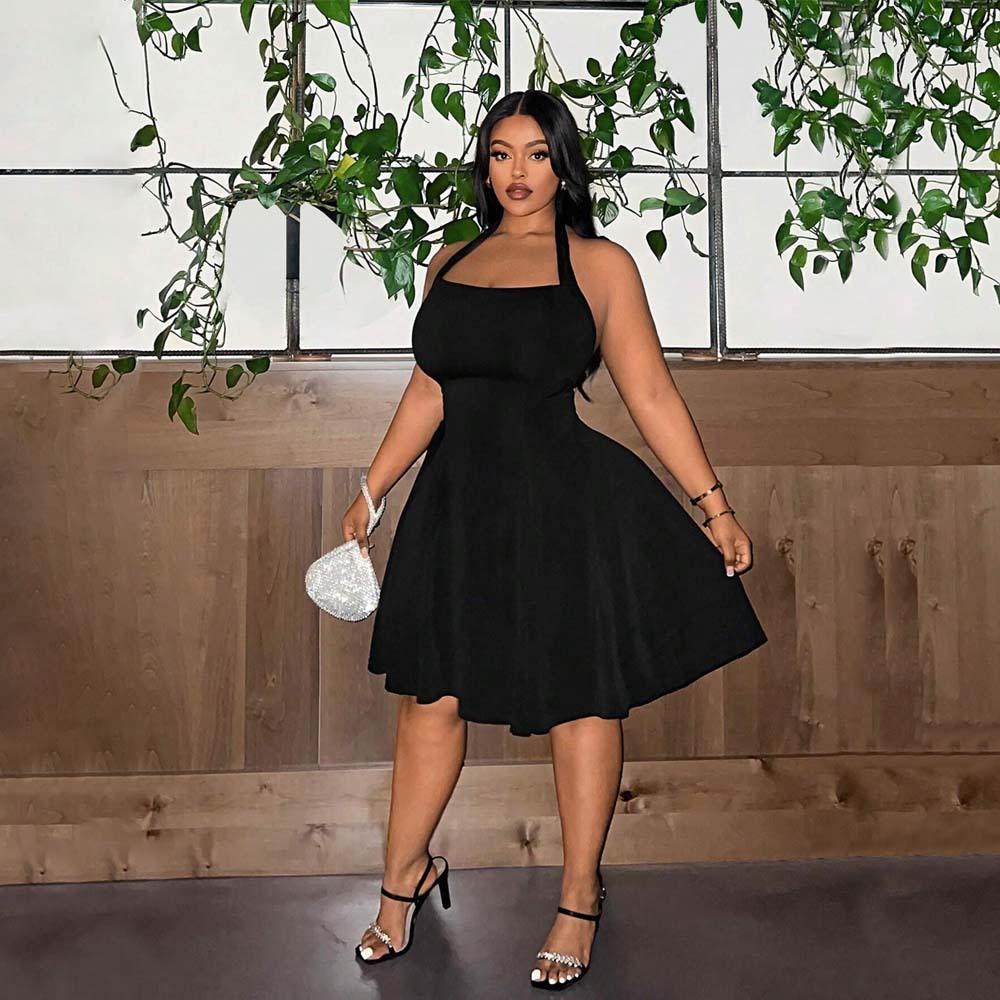 Plus Size Women Square Neck Halter High Waist A Line Slimming Solid Mini Dress 1XL