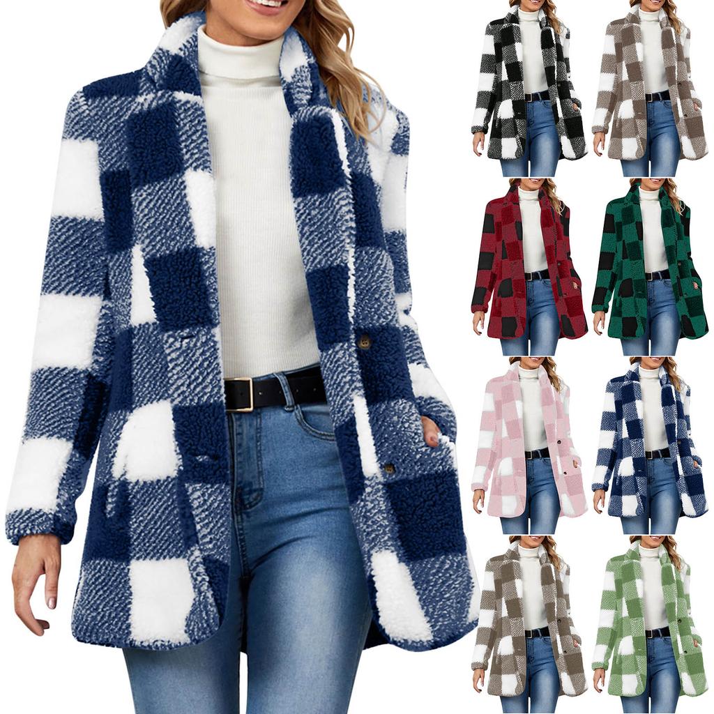 Women's Fashion Plaid Lapel Long Sleeved Coat With Buttons, Plush Warm Jacket With Pockets