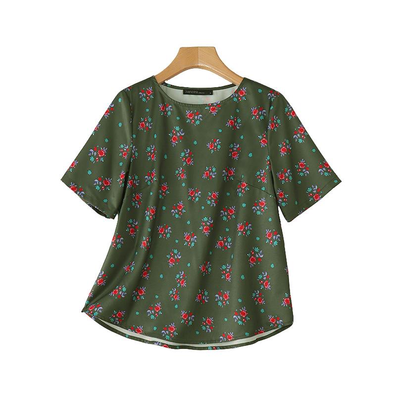 

ZANZEA Женская повседневная блузка с круглым вырезом, цветочным принтом и коротким рукавом S зелёный