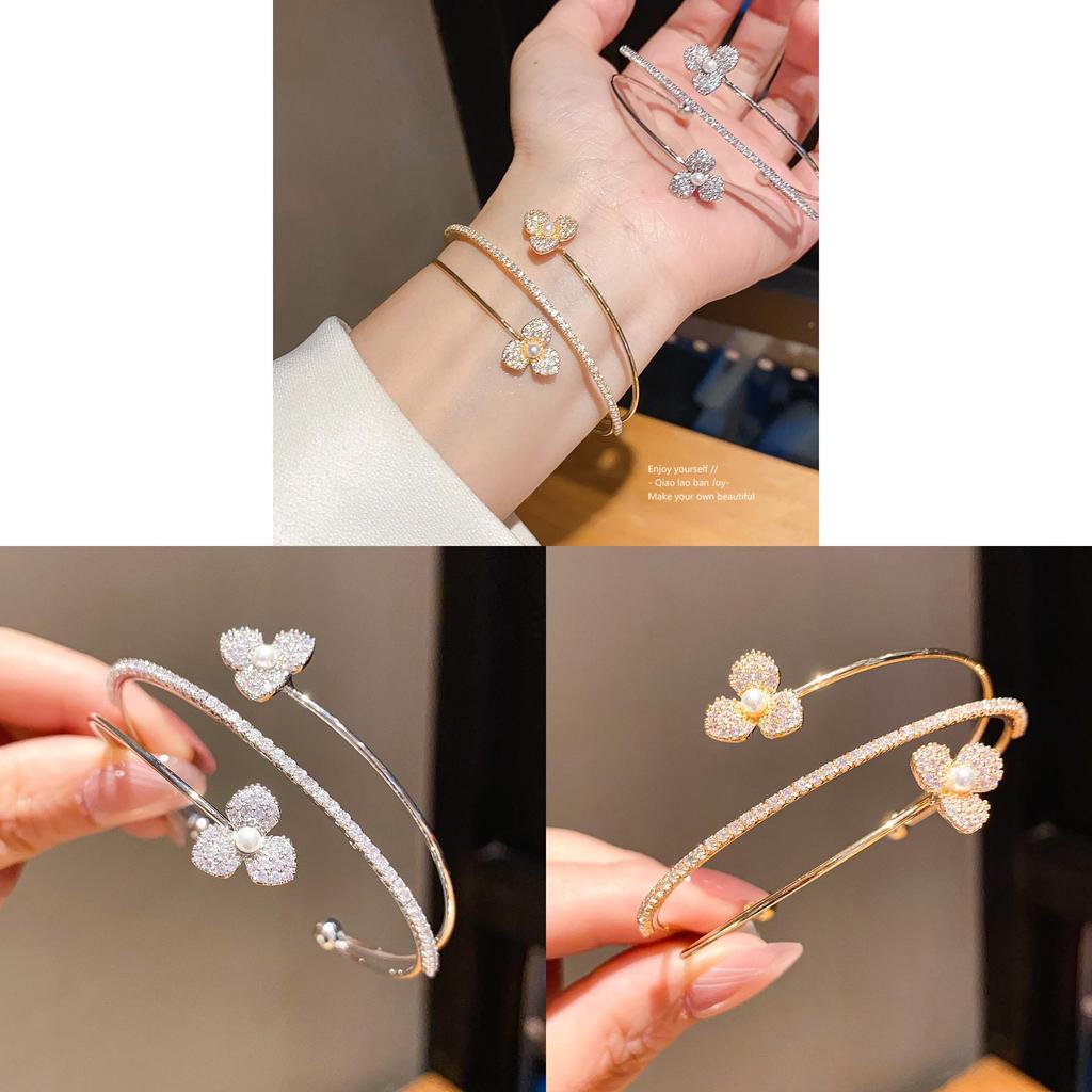 Zircon Pearl Flower Three Layer Open Bracelet With Elegant Design For Women