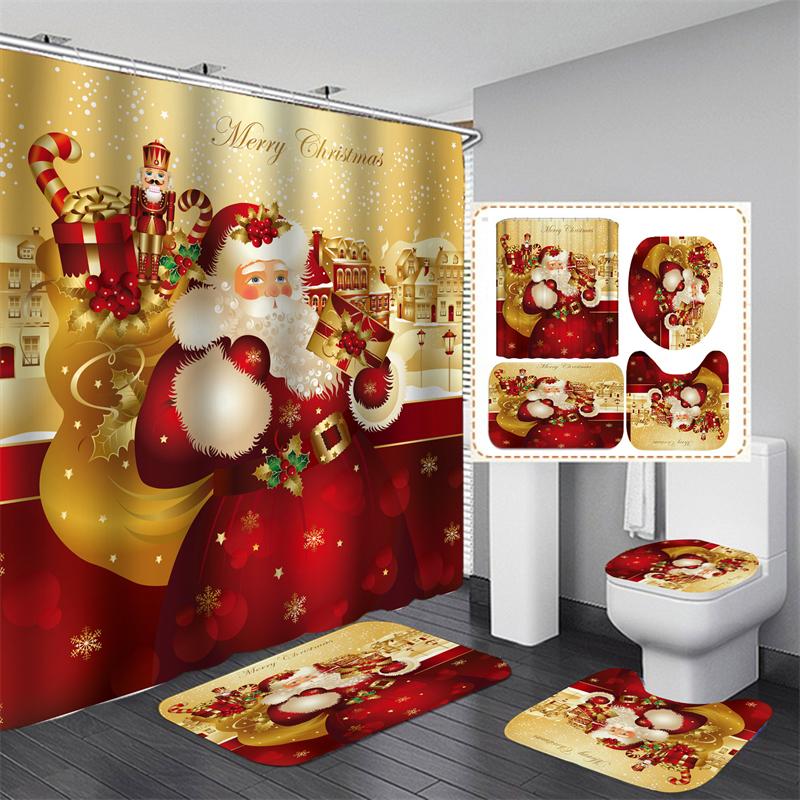 

4PCS Червоний різдвяний набір штор для душу Кумедний Санта-Клаус Різдвяні кульки Зелена соснова гілка Подарунок Декор для ванної кімнати Килимки для ванної Кришка кришки унітазу