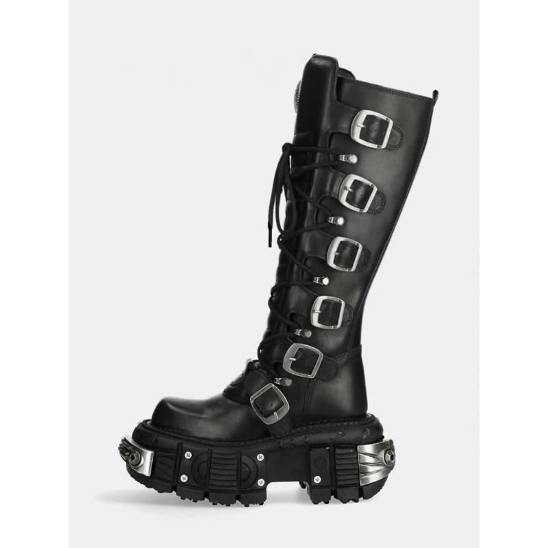 Fashion Metal Buckle Square Toe Knee High Boots Women Black PU Leather Punk Long Boots Woman Autumn Chunky Heels Motorcycle Booties