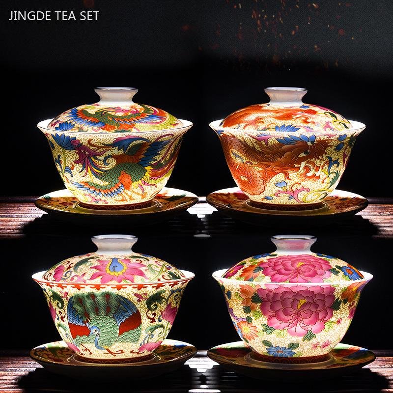 160ml Ceramic Enamel Gaiwan Exquisite Hand-made with Cover Teacup Custom Portable Tea Bowl Chinese Tea Set Beauty Tea Infuser
