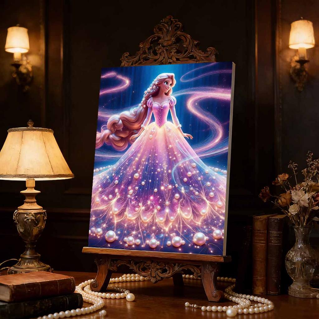 Rapunzel Series Pearl Effect Frameless Art | Long Hair & Flowing Gradient Gown Accents | Dreamy Art Decor for Modern Home & Gallery
