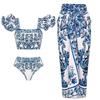 1SET women's sunscreen swimsuit gauze skirt printed swimsuit women's bikini