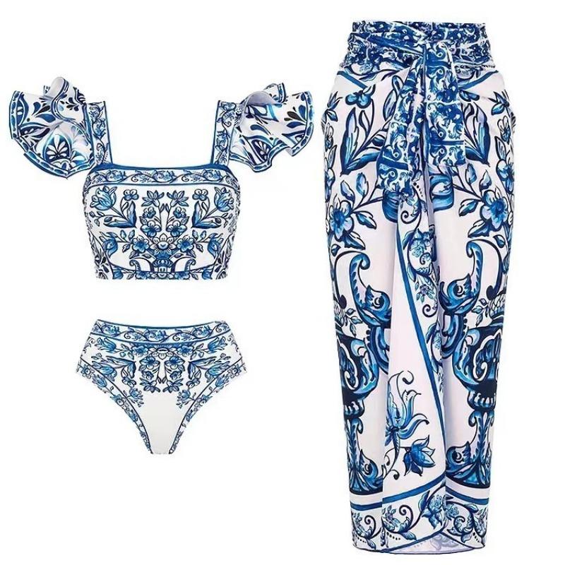 1SET women's sunscreen swimsuit gauze skirt printed swimsuit women's bikini