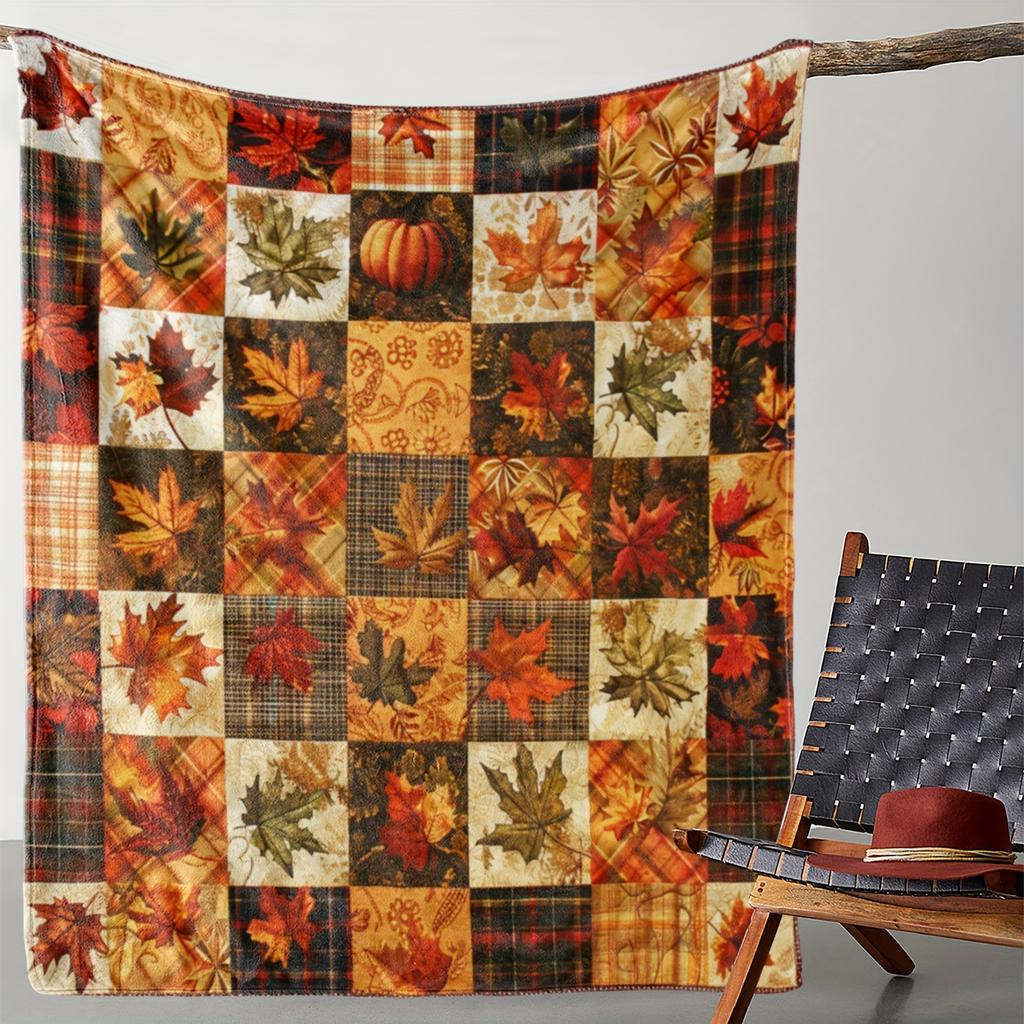 1 Stück Vintage Herbst Kürbis und Ahornblatt Karodruck, Ganzjahresleichte Nickdecke für Sofa, Bett, Büro, Auto, Camping, Reise