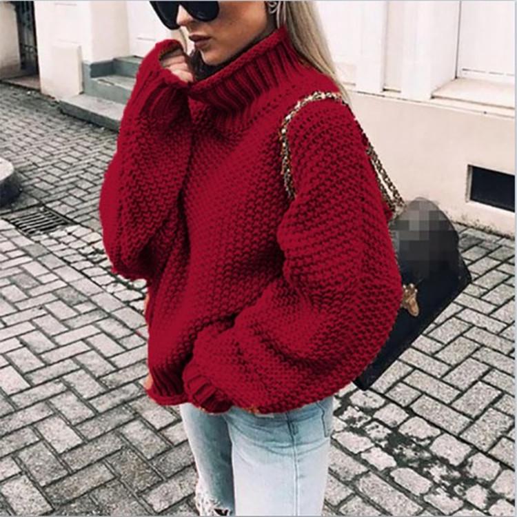Chunky Knit Batwing Sleeve European-American Semi-High Neck Oversized Sweater