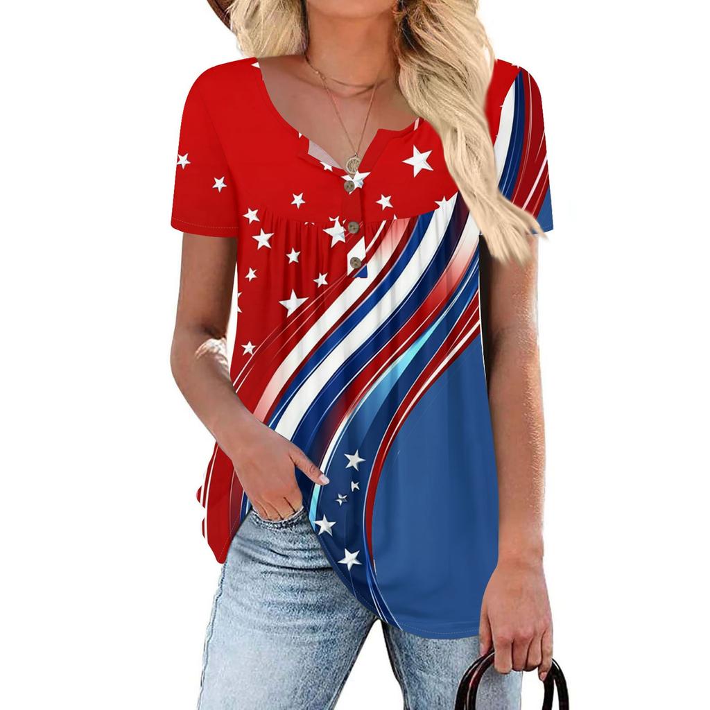 Women Tunic Tops Dressy Casual Summer Short Sleeve Shirts Loose Fit Pleated Boho Top Independence Day
