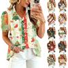 Women's Casual Blouse with V-Neck, Short Sleeve, Christmas Print, Ruffle Trim and Button Front