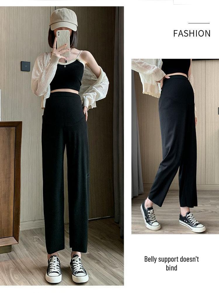 Maternity Wide-Leg Pants: Lightweight Summer Style, Nine-Point Length, Loose Fit, Belly Support, Seamless, Fashionable, Versatile for Home & Outings.