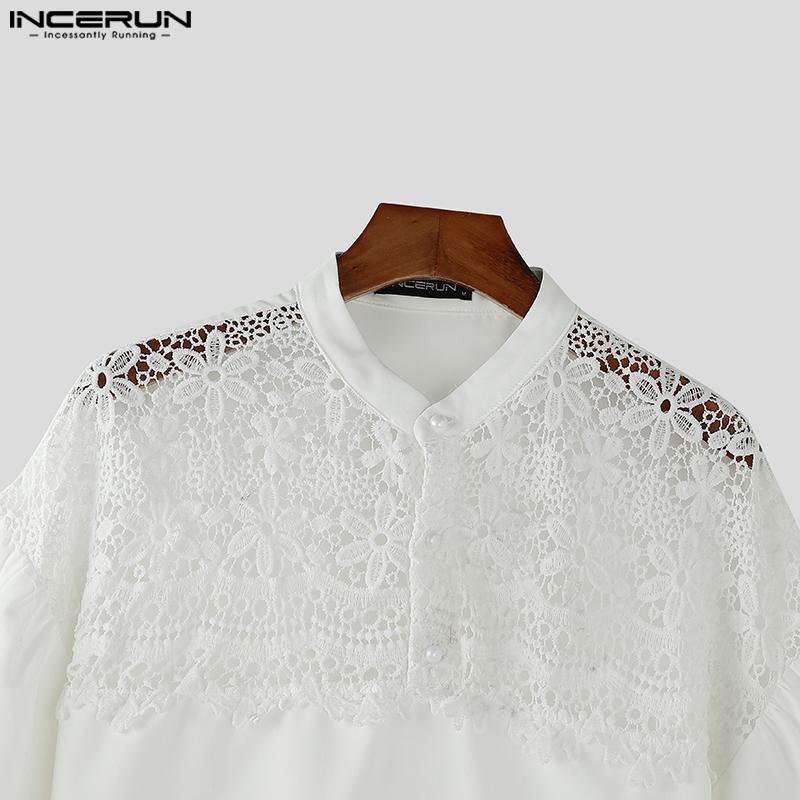 INCERUN Men Summer Stand Neck Short Sleeve Lace Patchwork Casual Party T-shirt Tops