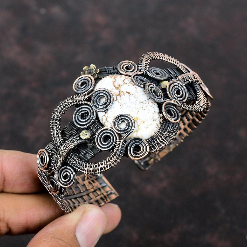 Wild Horse Magnesite Copper Bangle Copper Wire Wrapped Cuff Bracelet Handmade Adjustable Bangle Copper Jewelry Gemstone Cuff Gift For Mother