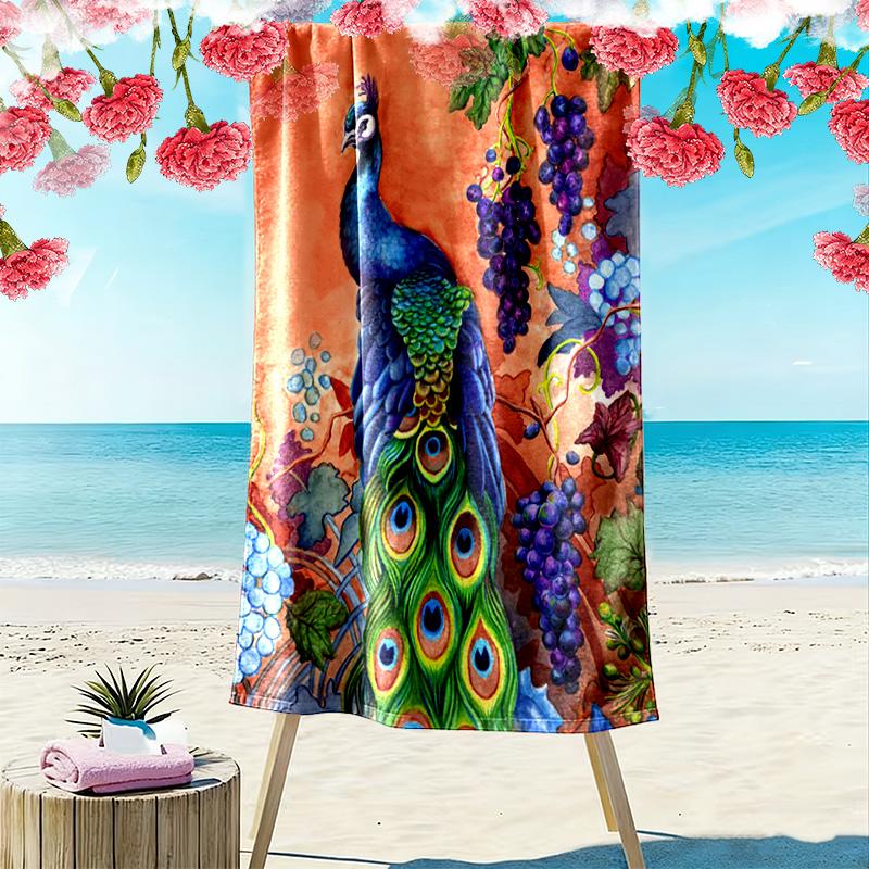 Peacock Oil Painting Print Beach Towel, Large Soft Quick Dry Towel for Beach Camping Swimming