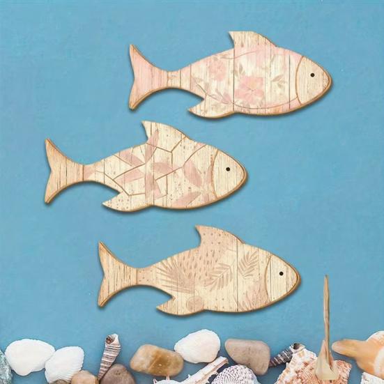 3Pcs/Set Wooden Fish Wall Decoration, Plants Pattern Fish Wall Art for Beach, Lake House, Nautical Coastal Ocean Theme Hanging Ornament