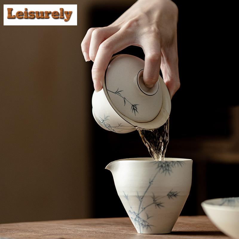 150ml Práškový Jin Bílý Keramický Gaiwan Japonský Ručně Malovaný Tuší Bambusový Čajový Terin Čajová Konvička Víčko Miska Víčko Sada pro Čajovou Kolekci