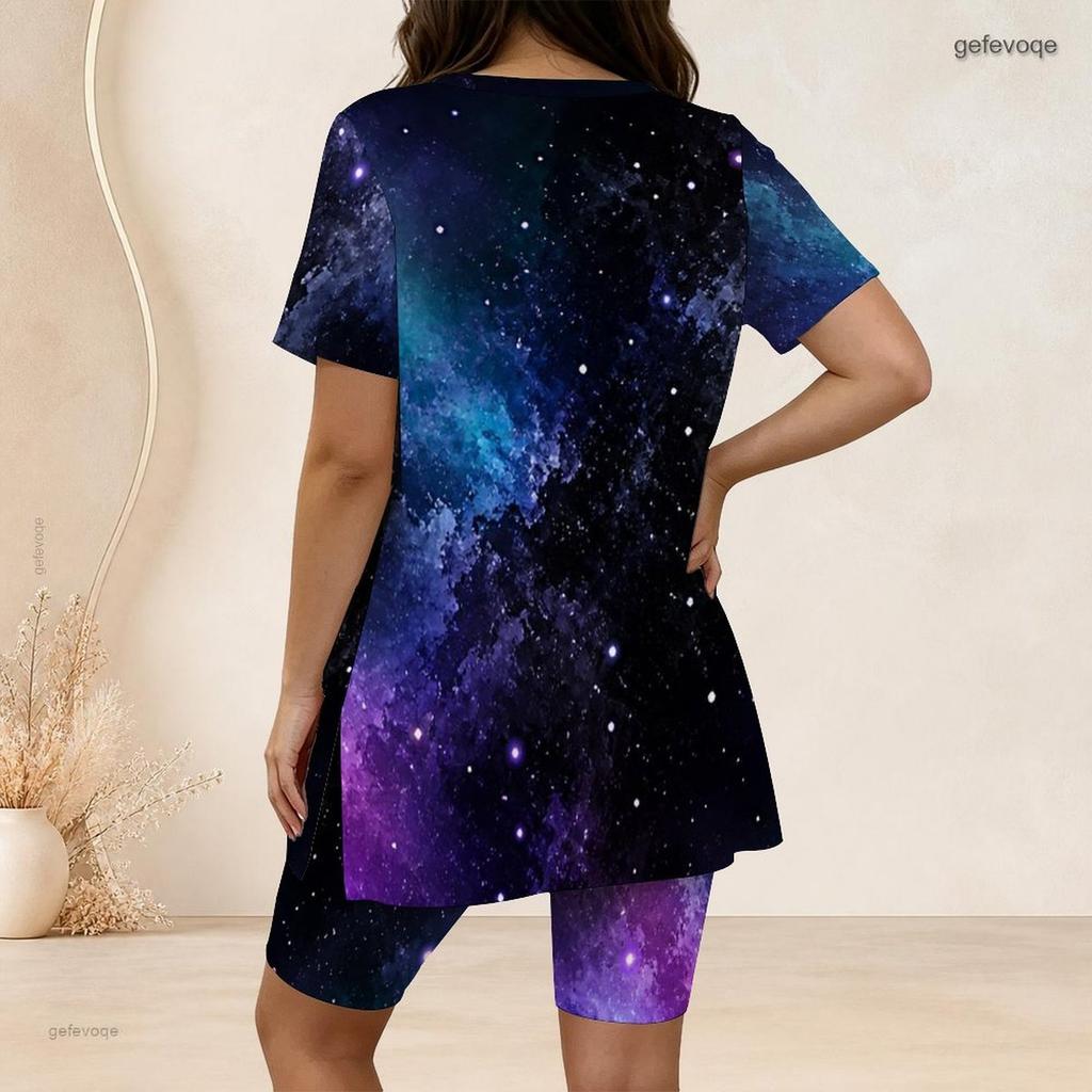 Women Plus Size Two Piece Set Crew Neck Short Sleeve Side Slit Top And Biker Shorts Cosmic Swirl Galaxy Print Outfit