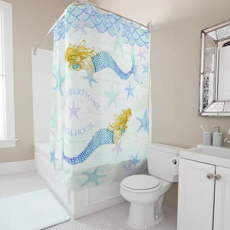 "Mermaid Beach House Shower Curtain, Waterproof & Mildew-Resistant Bath Curtain with Ocean Theme for Coastal Home Decor"